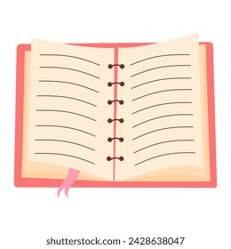Open spiral-bound book with bookmark. Ring-bound notebook with empty lined paper sheets. 