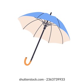 Open spread straight umbrella with long J-stick handle, cane pole. Rain protection accessory with unfolded canopy. Rainy weather item, parasol. Flat vector illustration isolated on white background