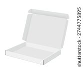 Open square cardboard box with foldable lid, isolated on white background. Minimal vector mockup for product packaging design, shipping box branding