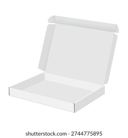 Open square cardboard box with foldable lid, isolated on white background. Minimal vector mockup for product packaging design, shipping box branding