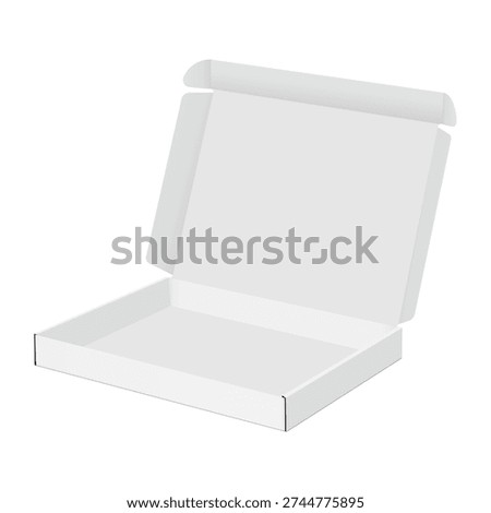 Open square cardboard box with foldable lid, isolated on white background. Minimal vector mockup for product packaging design, shipping box branding