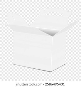 Open square gable box isolated on transparent background. 3d mockup. White blank cube carton packaging. Realistic vector mock-up. Cardboard gift food bag with handle. Template for design