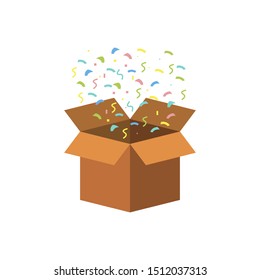 Open square gift box with bow and stars that pop-up out of it on white background. Present package with bursting elements, surprise inside 