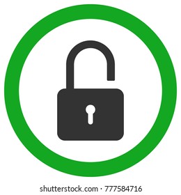 Open square lock icon in green circle. Vector sign.