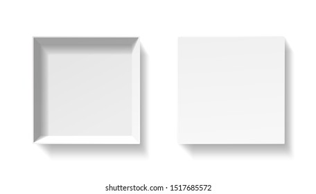 Open Square Pack Box. Empty Cardboard Container Template. 3d Top View Illustration With Transporented Shadow Isolated On White. Blank Space Inside Pakage Mockup. Closeup Realistic Vector Object.