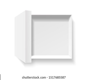 Open square pack box. Empty cardboard container template. 3d top view illustration with transporented shadow isolated on white. Blank space inside pakage mockup. Closeup realistic vector object.