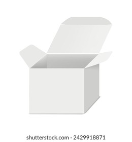 Open square paperboard box with hinged lid vector mock-up. White blank paper carton container packaging realistic mockup. Template for design
