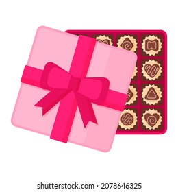 Open square pink box of chocolate dessert or candy with icing for Valentine's Day.