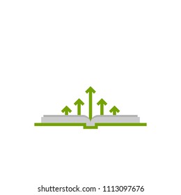 Open squared book with green up arrows.  Flat icon isolated on white background. Reading icon. Vector illustration. Study pictogram. Power of knowledge. Financial education sign. Growth. level up