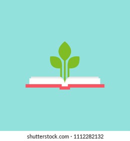 Open squared book with green sprigs and  leaves.  Flat icon isolated on powder blue background. Reading icon. Vector illustration. Study pictogram. Power of knowledge and education sign.
