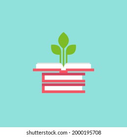 Open squared book with green sprigs and  leaves.  Flat icon isolated on powder blue background. Reading icon. Vector illustration. Study pictogram. Power of knowledge and education sign.