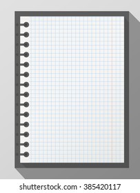 Open squared realistic notepad notebook with spiral and long shadow on gray background
