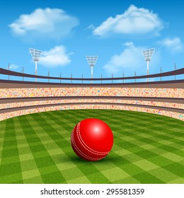 Open stadium of cricket with realistic red leather ball vector illustration