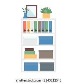 Open Standing Bookshelf Semi Flat Color Vector Object. Storing Documents. Full Sized Item On White. File Cabinet. Home Office Simple Cartoon Style Illustration For Web Graphic Design And Animation