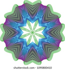 Open star guilloche rosette with double-layered mesh waves in purple, green and deep turquoise with moire effect.