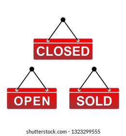 Open Store, Closed Store, and Sold Sign for Shop. Simple sign - Vector