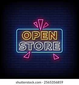 open store neon sign style with brick wall background vector