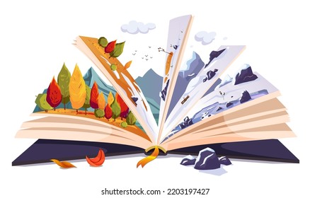 Open story book with autumn forest and snowy winter, adventure different off season on sides of pages. Frozen nature landscape in mountains, rocks. Read fairy tale about journey. Vector illustration