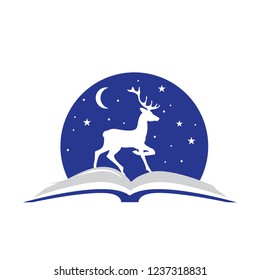 open story book, deer and night sky. logo icon
