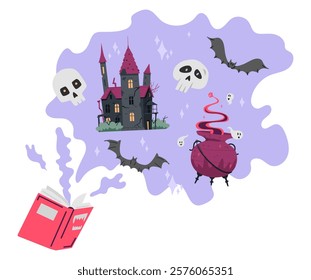 Open story book with imagined magical world with scary castle, cauldron and sculls flat vector illustration isolated on white. 