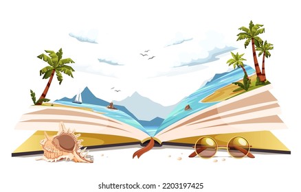 Open Story Book With Ocean Beach Inside. Fantasy Vacation In Summer Season On Holidays. Sandy Island In Sea With Palms Leaves. Reading Fairy Tale About Journey At Nature Landscape. Vector Illustration