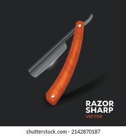 Apertura de afeitar recta aislada en fondo oscuro, ilustración vectorial realista.