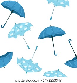 Open straight umbrellas, seamless pattern. Endless background, repeating print with rain weather accessory. Texture design for waterproof textile, fabric, wrapping. Printable flat vector illustration