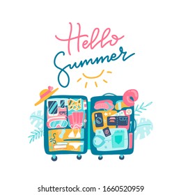 Open suitcase with the beach accessories inside the luggage. Text lettering design of HELLO SUMMER. Vector hand drawn flat illustration