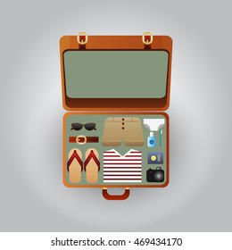 Open suitcase with clothes for the beach, vector illustration.