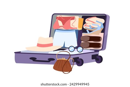 Open suitcase with clothes and shoes folded in neat order. Packing family things for summer vacation, travel bag stuffed with beach shorts and swimsuit, flip flops and hat cartoon vector illustration