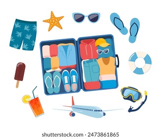 Open suitcase with clothes and summer beach elements around it. Summer colorful objects collection for outdoor trip vacation. Vector illustration