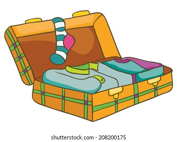 open suitcase with clothes, vector illustration on white background