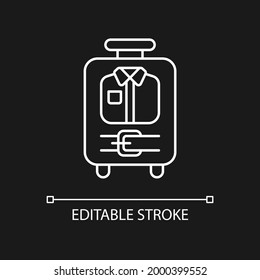 Open suitcase with clothing white linear icon for dark theme. Garments and apparel in baggage. Thin line customizable illustration. Isolated vector contour symbol for night mode. Editable stroke