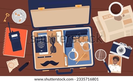 Open suitcase of detective or secret agent, top view vector illustration. Cartoon investigators desk with secret criminal files and gun, coffee and newspaper, lens to investigate mystery of crime
