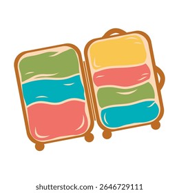 Open suitcase with folded things. Ideal for vacation, travel and adventure themes in retro doodle style. Flat design, isolated vector illustration on white background.