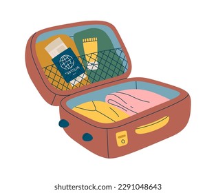 Open suitcase full of clothes flat icon. Vector illustration