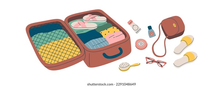 Open suitcase full of clothes flat icon. Vector illustration