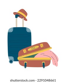 Open suitcase full of clothes flat icon. Vector illustration