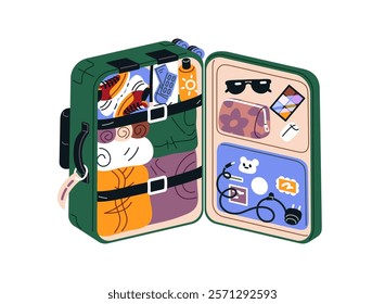 Open suitcase is full of clothes, items, things for summer journey. Carry on luggage for vacation travel. Baggage for trip, tour to beach resort. Tourism. Flat isolated vector illustration on white