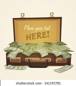 Open suitcase full of money, business illustration