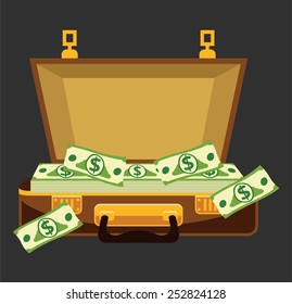 Open suitcase full of money. Vector illustration