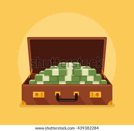Open suitcase full of money. Vector flat cartoon illustration
