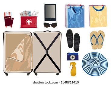 Open suitcase fully packed with folded women's clothing and accessories on the floor. Set. Vector illustration. Isolated on a white background.