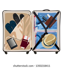 Offener Koffer voll verpackt mit gefalteter Herrenbekleidung und Zubehör auf dem Boden. Vektorgrafik. Einzeln auf weißem Hintergrund.