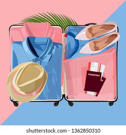 Open suitcase fully packed with folded women's clothing and accessories on the floor. Vector illustration. 