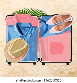 Open suitcase fully packed with folded women's clothing and accessories on the floor. Vector illustration. 