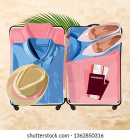 Open suitcase fully packed with folded women's clothing and accessories on the floor. Vector illustration. 