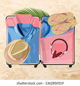 Open suitcase fully packed with folded women's clothing and accessories on the floor. Vector illustration. 