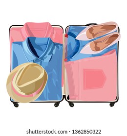 Open suitcase fully packed with folded women's clothing and accessories on the floor. Vector illustration. 