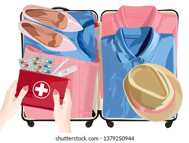 Open suitcase fully packed with folded women's clothing and accessories on the floor. Vector illustration. Isolated on a white background.